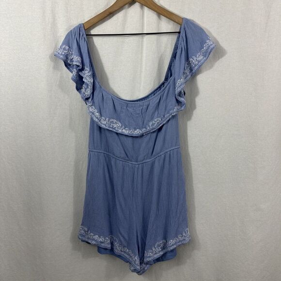 Francescas Blue Rain Blue Embroidered Off Shoulder Romper Womens Size M Boho - Picture 2 of 11